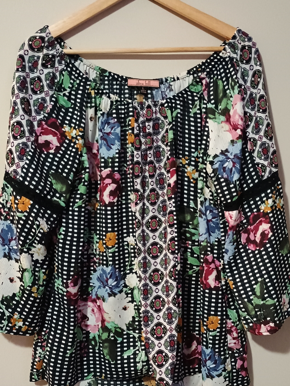 Olive Hill Boho Patchwork Mixed Media Blouse Floral Gingham High-Low Large NWOT